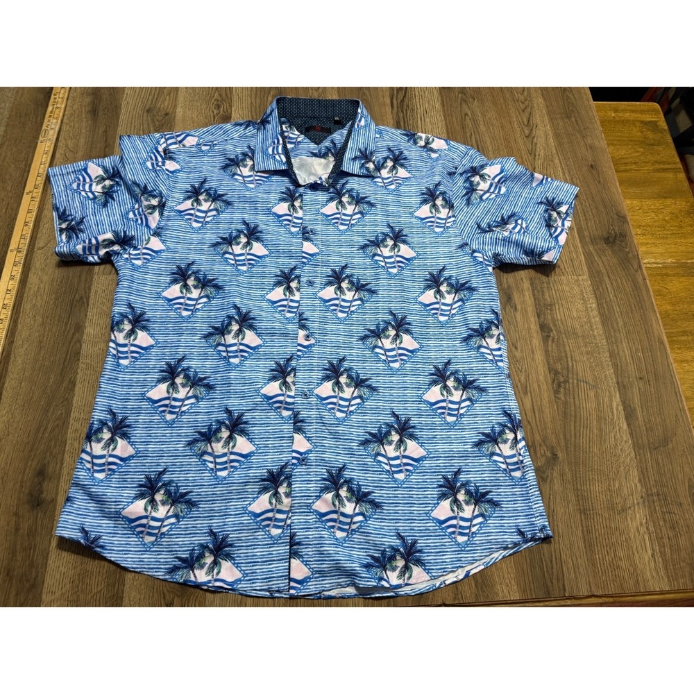 BC Collection Button Down Mens 3XL Blue Adult Palm Tree Print Short Sleeve